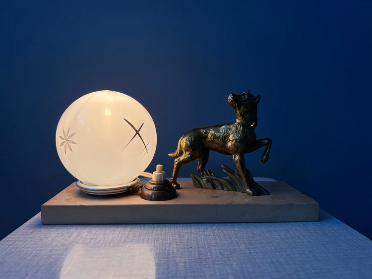 Art Deco Table Lamp with Opaline Glass Shade and Wolf Figure