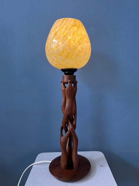 Hand-Carved Wooden Table Lamp with Art Deco Style Shade