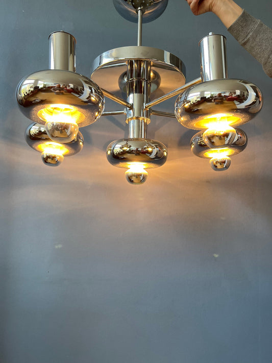 Chrome Space Age Chandelier | Mid Century Pendant Light | Scoliari Retro 70s Ceiling Lighting