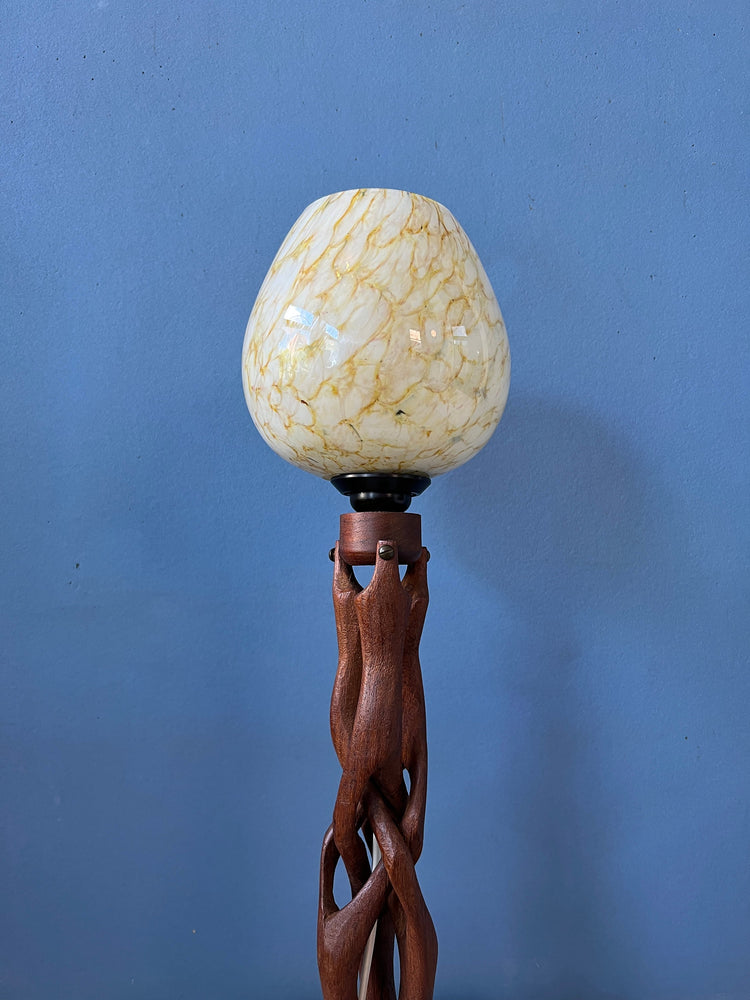 Hand-Carved Wooden Table Lamp with Art Deco Style Shade