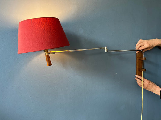 Mid Century Swing-Arm Wall Lamp / 70s Textile Retro Light / Vintage Red Lighting