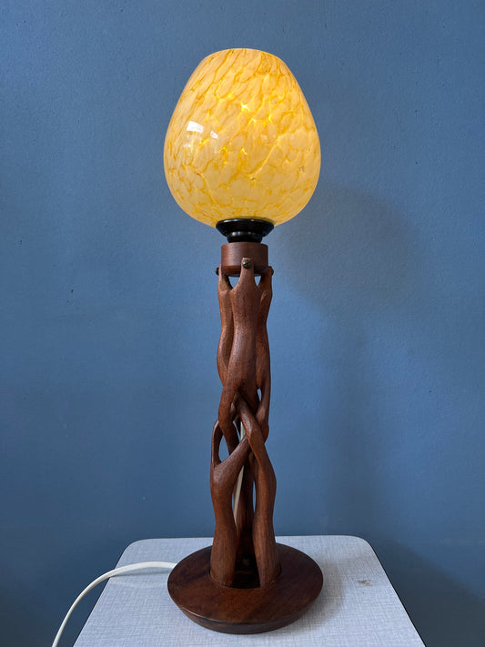 Hand-Carved Wooden Table Lamp with Art Deco Style Shade