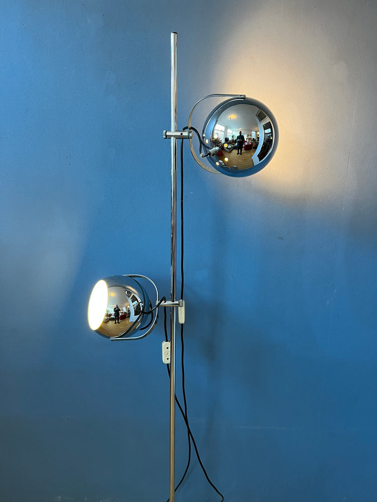 Mid-Century Chrome Herda Eyeball Floor Lamp | Space Age Light | Retro 70s Lighting