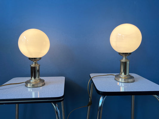 Mid Century Hollywood Regency Table Lamps (2) / Vintage Golden Opaline Glass Desk Lights