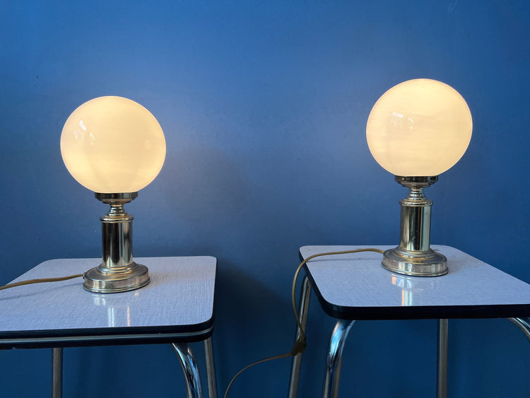 Mid Century Hollywood Regency Table Lamps (2) / Vintage Golden Opaline Glass Desk Lights
