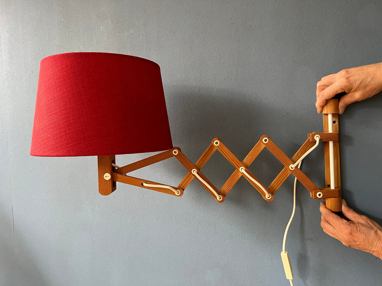 Mid Century Wooden Scissor Wall Lamp with Red Textile Shade