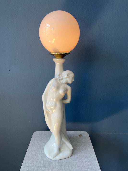 Vintage Art Deco Female Figure Porcelain Table Lamp with Glass Shade / Woman Desk Lamp