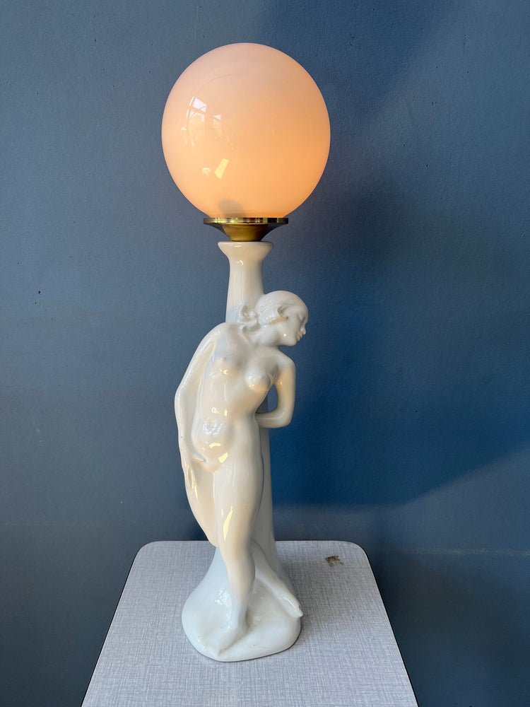 Vintage Art Deco Female Figure Porcelain Table Lamp with Glass Shade / Woman Desk Lamp