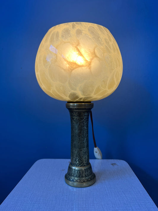 Antique Art Deco Glass Lamp with Bronze Base