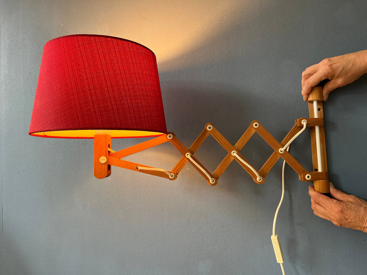 Mid Century Wooden Scissor Wall Lamp with Red Textile Shade