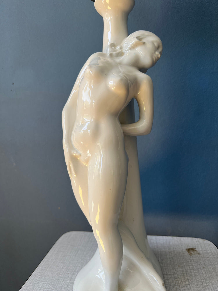 Vintage Art Deco Female Figure Porcelain Table Lamp with Glass Shade / Woman Desk Lamp