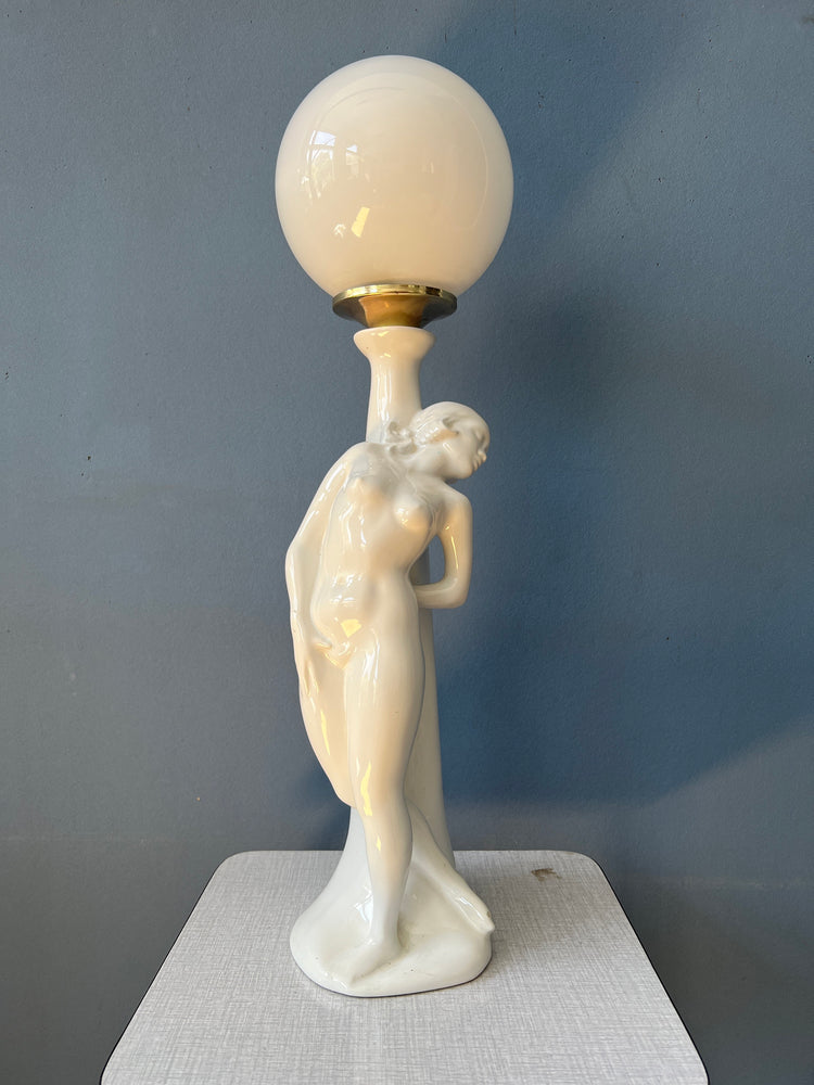 Vintage Art Deco Female Figure Porcelain Table Lamp with Glass Shade / Woman Desk Lamp