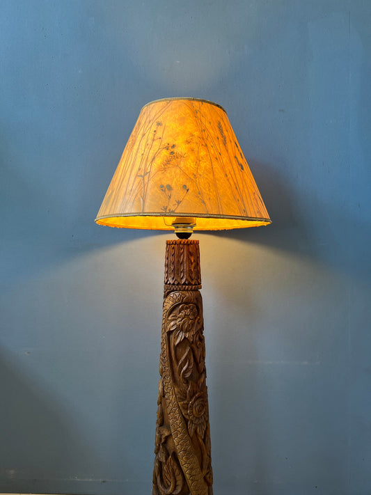 Hand Carved Wooden Floor Lamp / Vintage Wooden Lamp / Indonesian Lamp