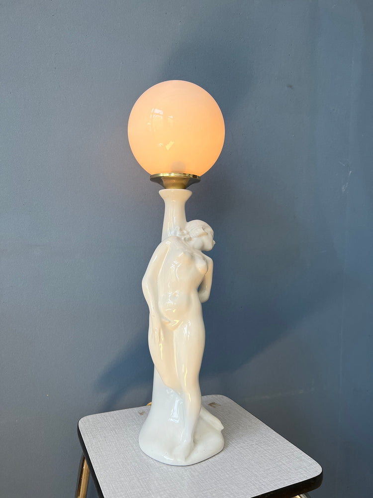 Vintage Art Deco Female Figure Porcelain Table Lamp with Glass Shade / Woman Desk Lamp