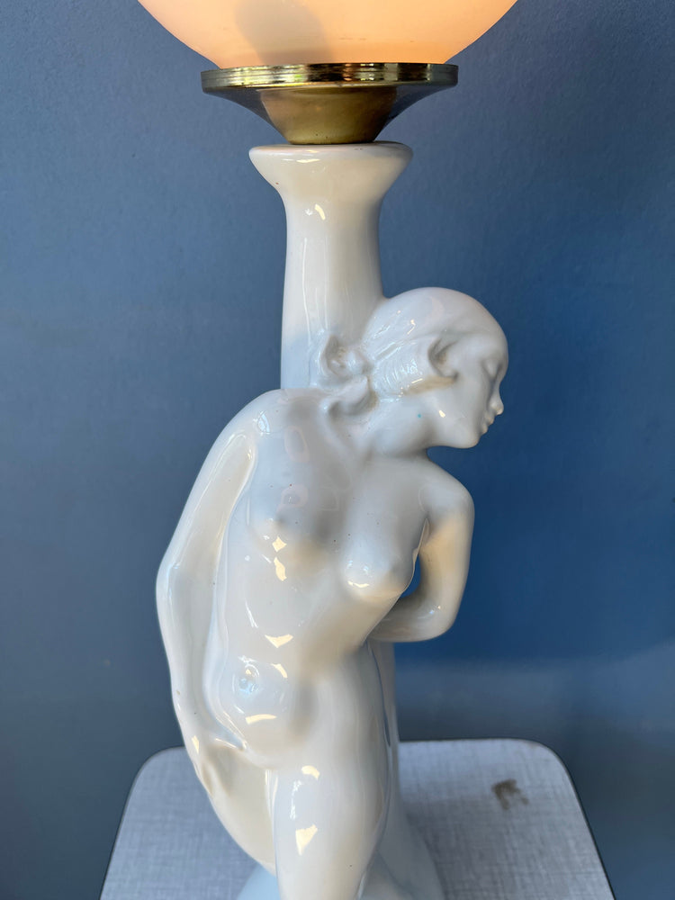 Vintage Art Deco Female Figure Porcelain Table Lamp with Glass Shade / Woman Desk Lamp