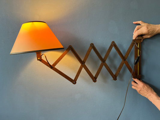 Vintage Wooden Scissor Wall Lamp with Textile Shade | | Mid Century Modern Light | 70s Retro Lighting