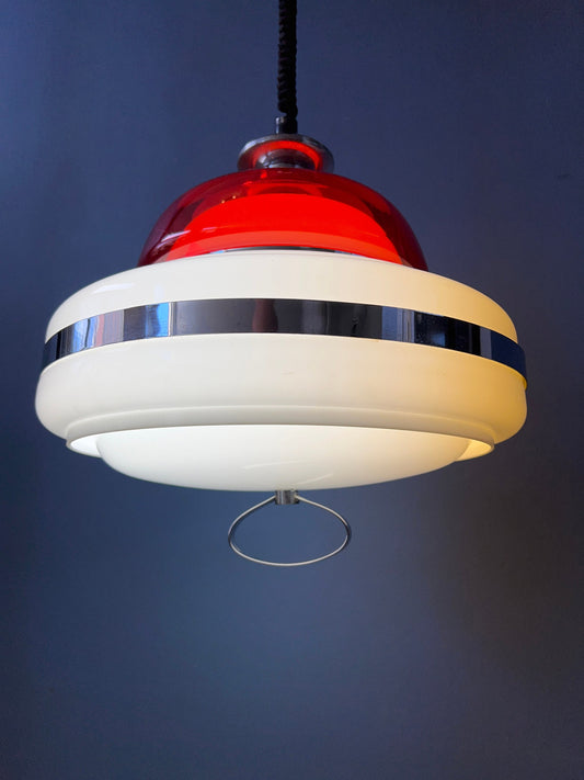 Mid Century Massive Space Age Pendant Lamp / White and Red Vintage Light Fixture