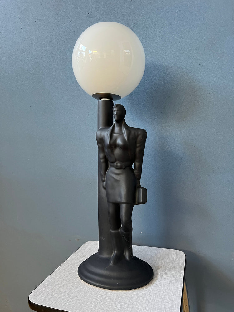 Vintage Art Deco Men Figure Porcelain Table Lamp with Glass Shade