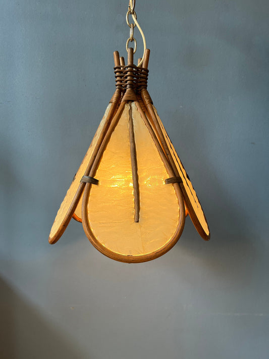 Vintage Bamboo Pendant Light / Ingo Maurer Uchiwa Style Fan Lamp / Mid Century Rotan Chandelier