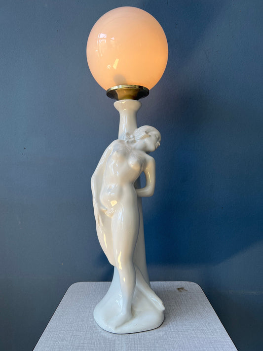 Vintage Art Deco Female Figure Porcelain Table Lamp with Glass Shade / Woman Desk Lamp