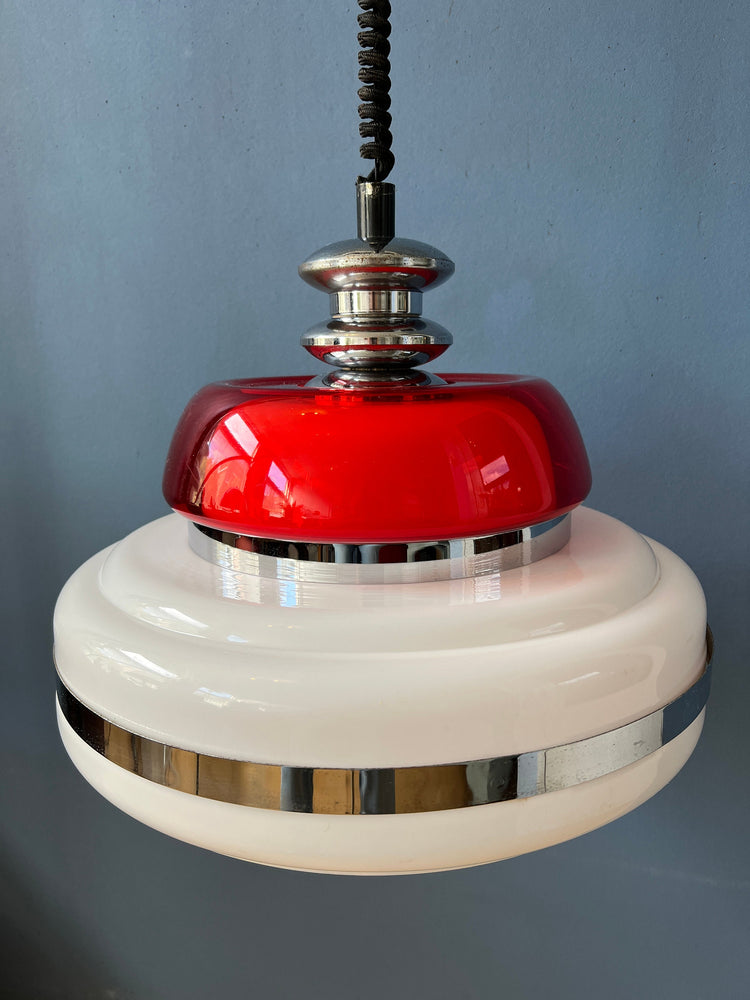 Mid Century Massive Space Age Pendant Lamp / White and Red Vintage Light Fixture