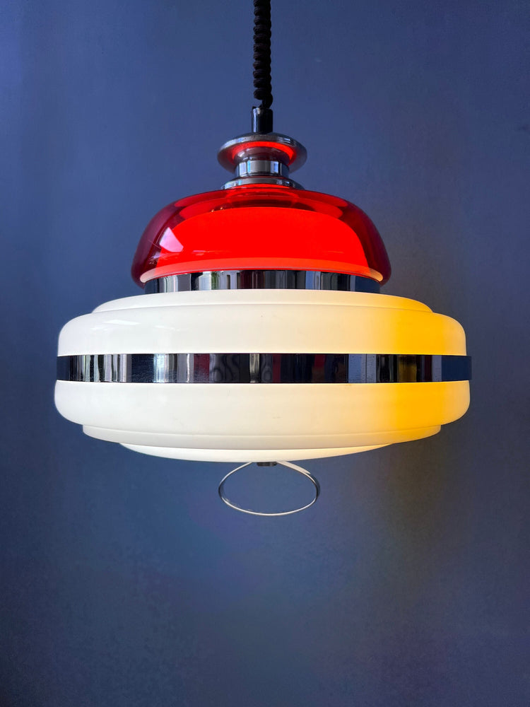 Mid Century Massive Space Age Pendant Lamp / White and Red Vintage Light Fixture