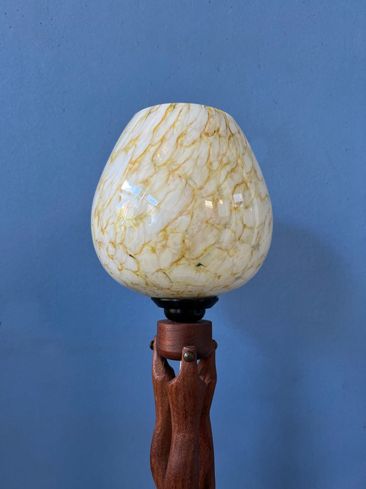 Hand-Carved Wooden Table Lamp with Art Deco Style Shade