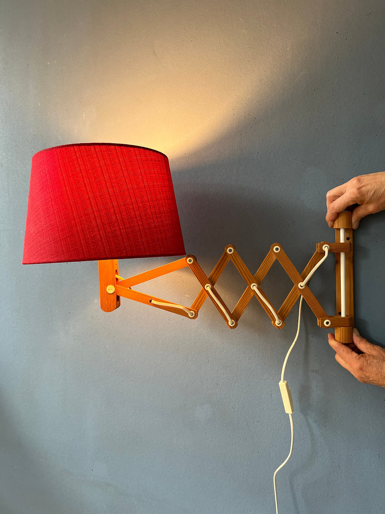 Mid Century Wooden Scissor Wall Lamp with Red Textile Shade