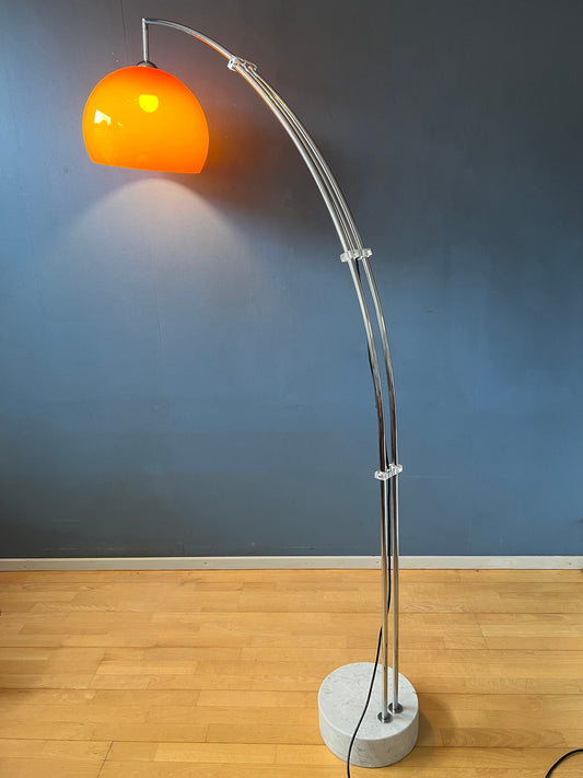 goffredo reggiani floor lamp, arc floor lamp, guzzini floor lamp, mushroom floor lamp, orange shade, space age floor lamp