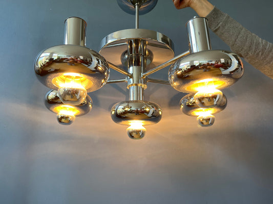 Chrome Space Age Chandelier | Mid Century Pendant Light | Scoliari Retro 70s Ceiling Lighting