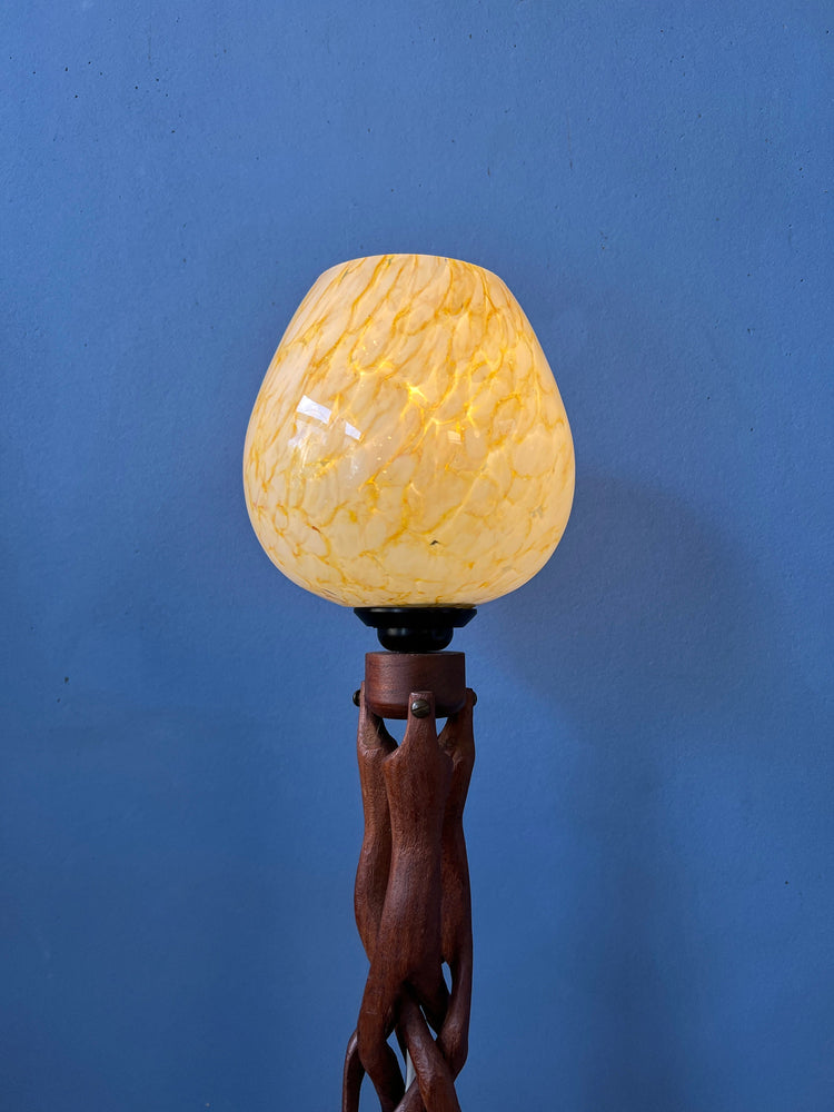 Hand-Carved Wooden Table Lamp with Art Deco Style Shade