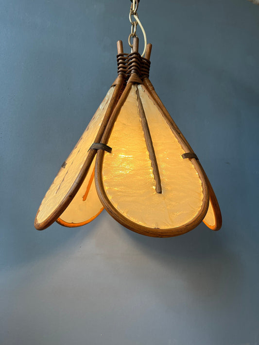 Vintage Bamboo Pendant Light / Ingo Maurer Uchiwa Style Fan Lamp / Mid Century Rotan Chandelier