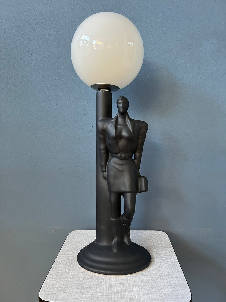 Vintage Art Deco Men Figure Porcelain Table Lamp with Glass Shade