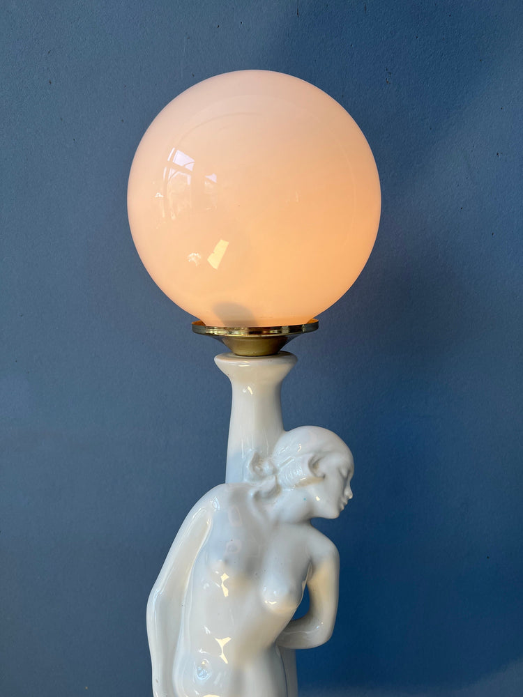 Vintage Art Deco Female Figure Porcelain Table Lamp with Glass Shade / Woman Desk Lamp