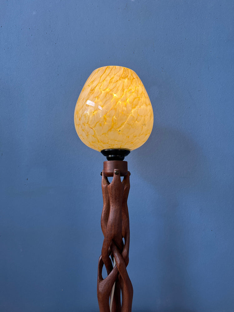 Hand-Carved Wooden Table Lamp with Art Deco Style Shade