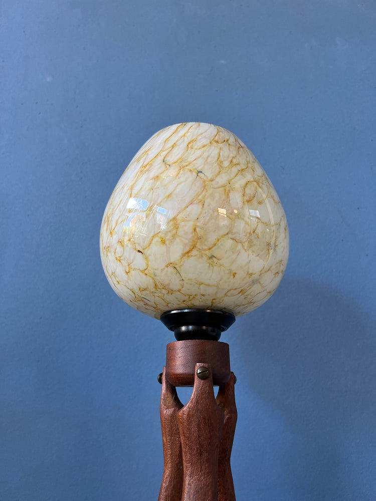 Hand-Carved Wooden Table Lamp with Art Deco Style Shade