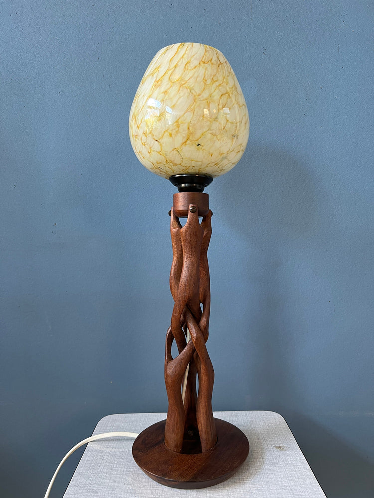 Hand-Carved Wooden Table Lamp with Art Deco Style Shade