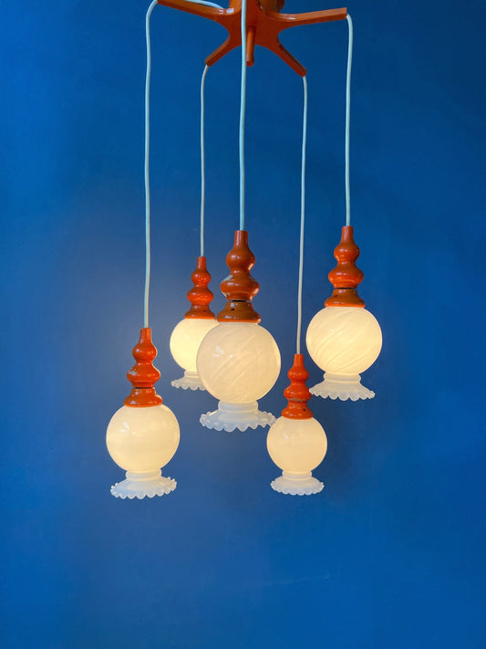 Vintage Space Age Cascade Chandelier with Opaline Glass Shades | Mid Century Orange Pendant Lamp