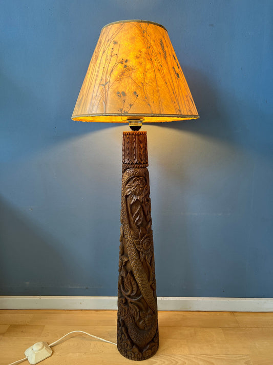 Hand Carved Wooden Floor Lamp / Vintage Wooden Lamp / Indonesian Lamp