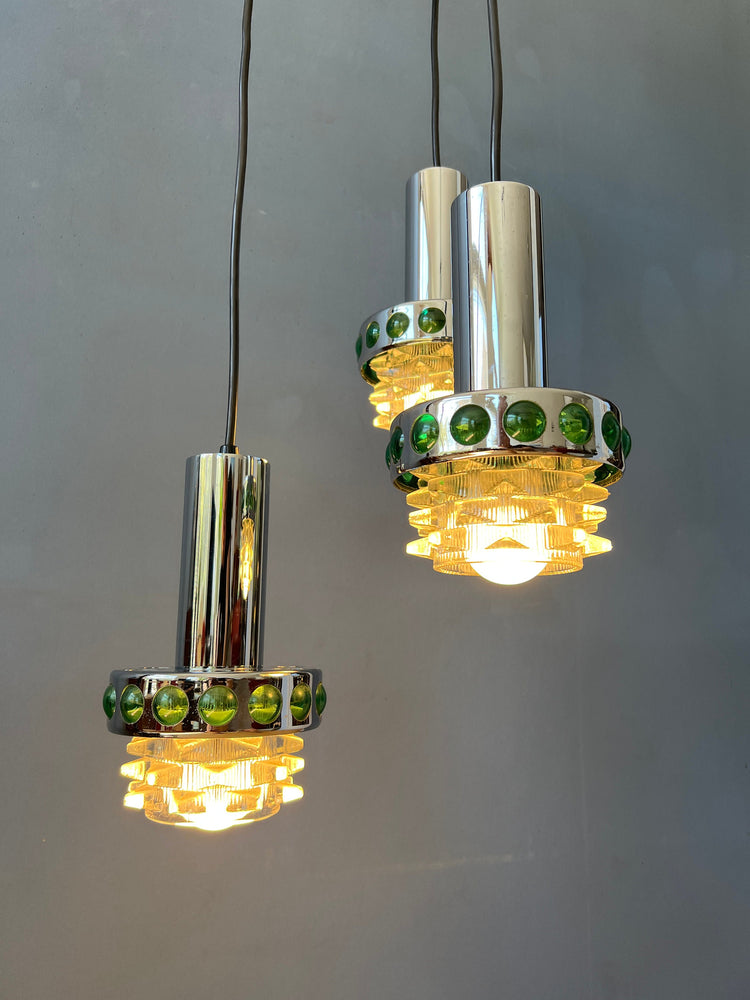 Vintage Massive Cascade Pendant Lamp | Green Space Age Chandelier | Mid Century Lighting
