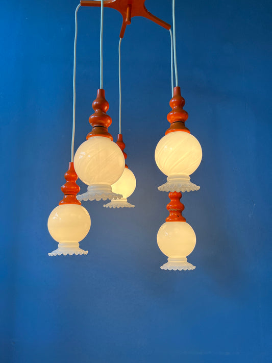 Vintage Space Age Cascade Chandelier with Opaline Glass Shades | Mid Century Orange Pendant Lamp