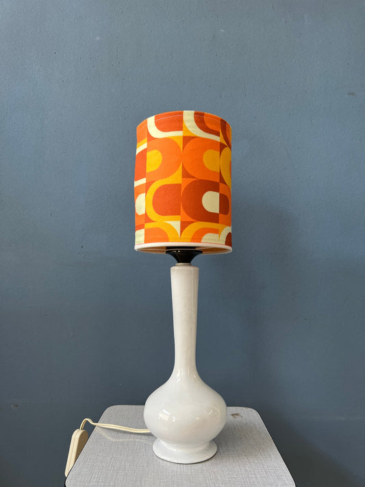 Vintage Space Age Desk Lamp with Textile Shade and Porcelain Base / Mid Century Table Lamp