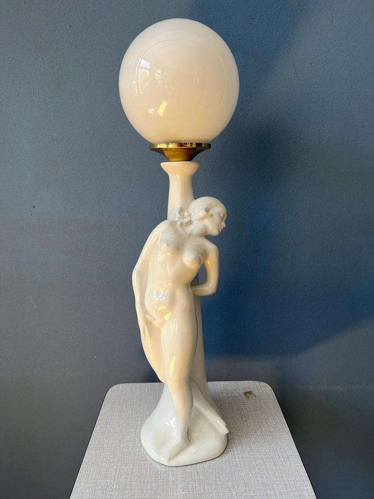 Vintage Art Deco Female Figure Porcelain Table Lamp with Glass Shade / Woman Desk Lamp