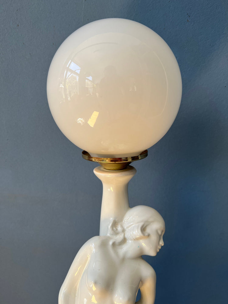 Vintage Art Deco Female Figure Porcelain Table Lamp with Glass Shade / Woman Desk Lamp