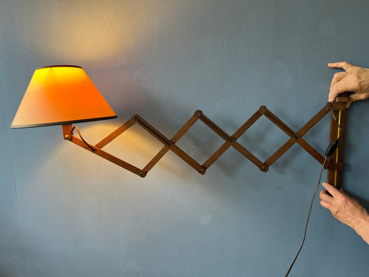 Vintage Wooden Scissor Wall Lamp with Textile Shade | | Mid Century Modern Light | 70s Retro Lighting